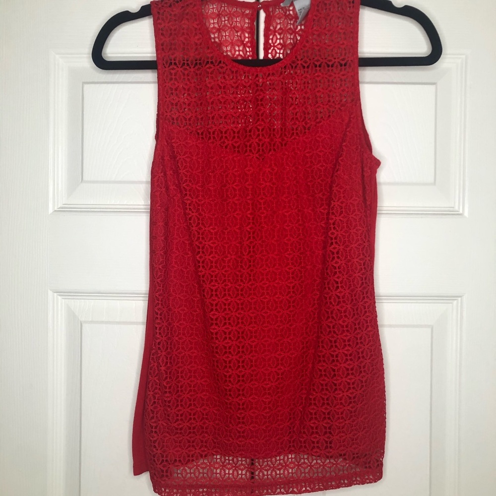 Red Business Casual Top w/ “Lace” Front